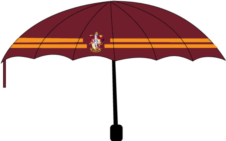 Parapluie bordeaux avec des rayures jaunes et le blason de Gryffondor. Poignée noire.