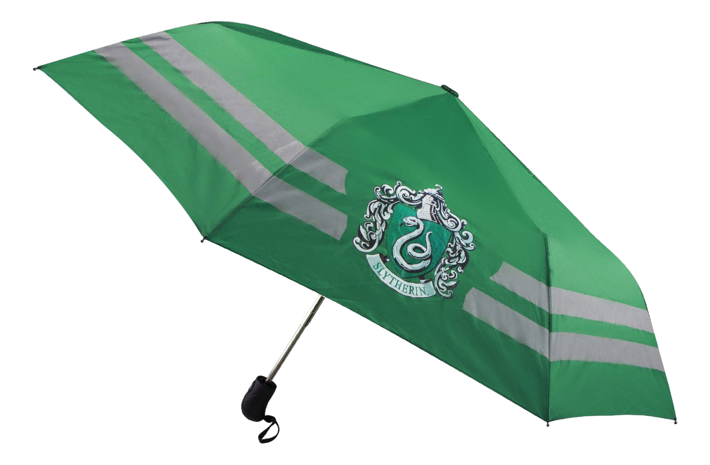 Grüner Slytherin-Regenschirm mit silbernen Streifen und Wappen auf schwarzem Grund.