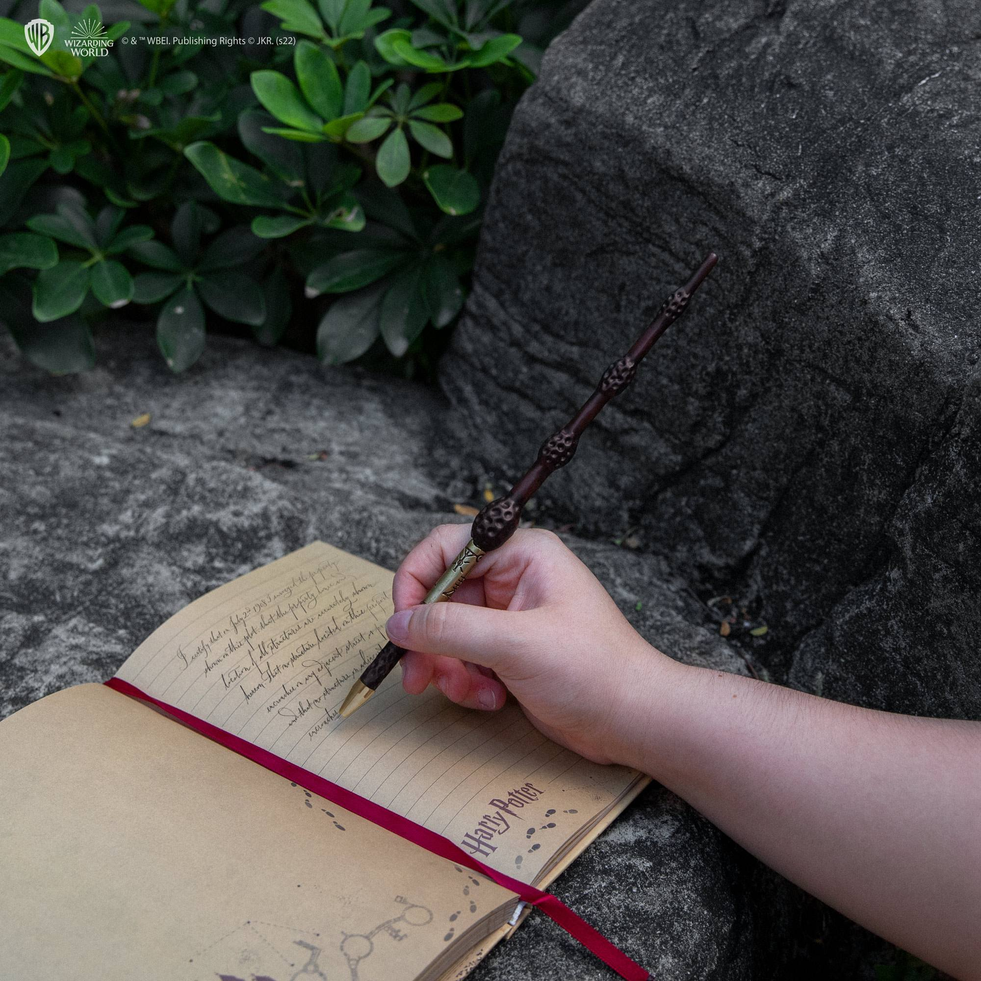 Une main tenant une baguette magique écrit dans un journal Harry Potter sur la pierre.