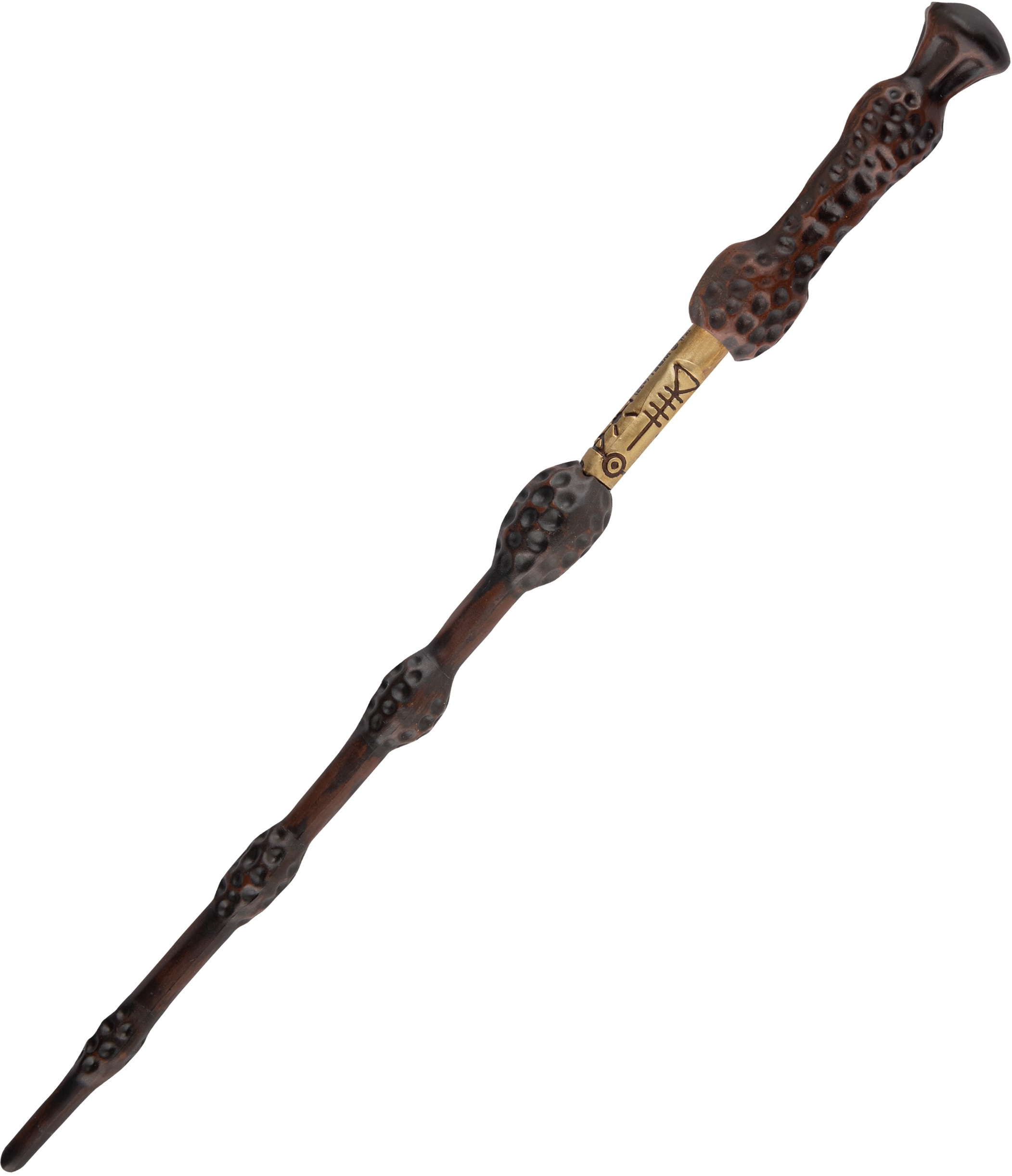 Baguette en bois sombre avec détails sculptés, accessoire Harry Potter.