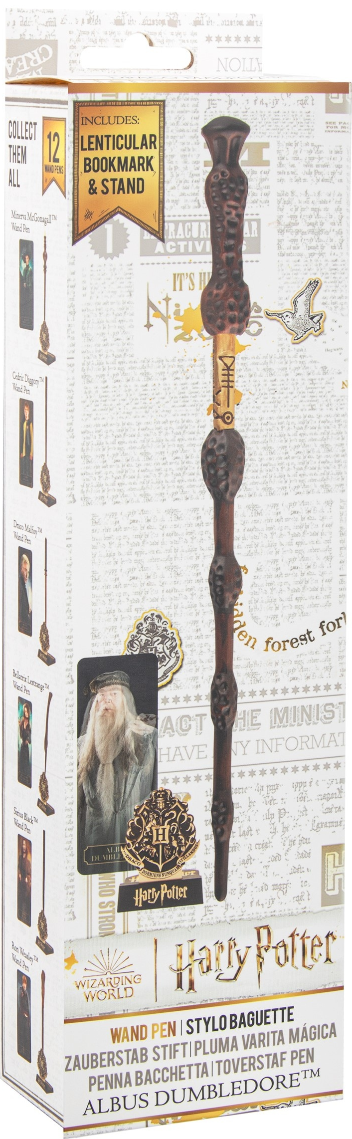 Un stylo baguette dans une boîte. La boîte montre des illustrations de baguettes et des photos de personnages.