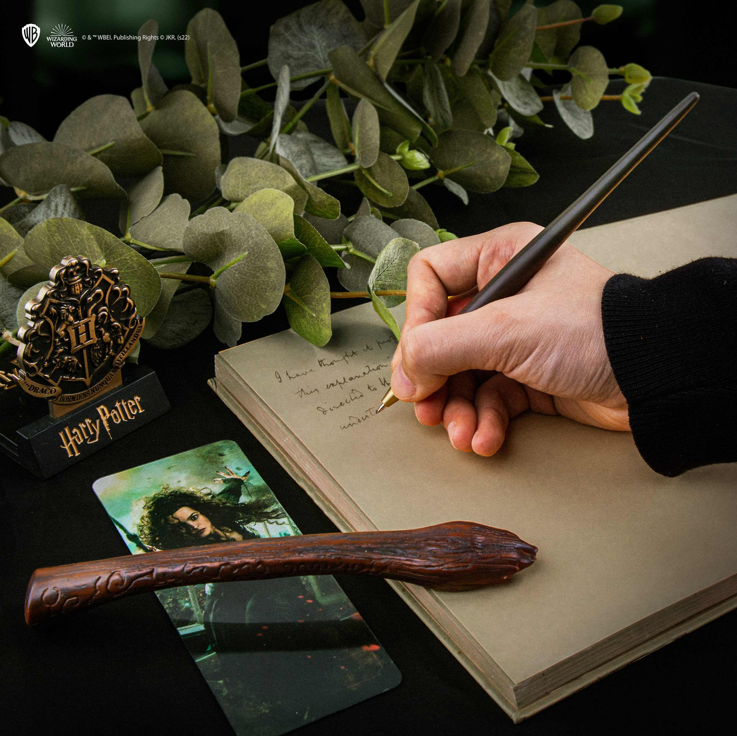 Une personne écrit sur un bloc-notes avec un stylo, objets Harry Potter.