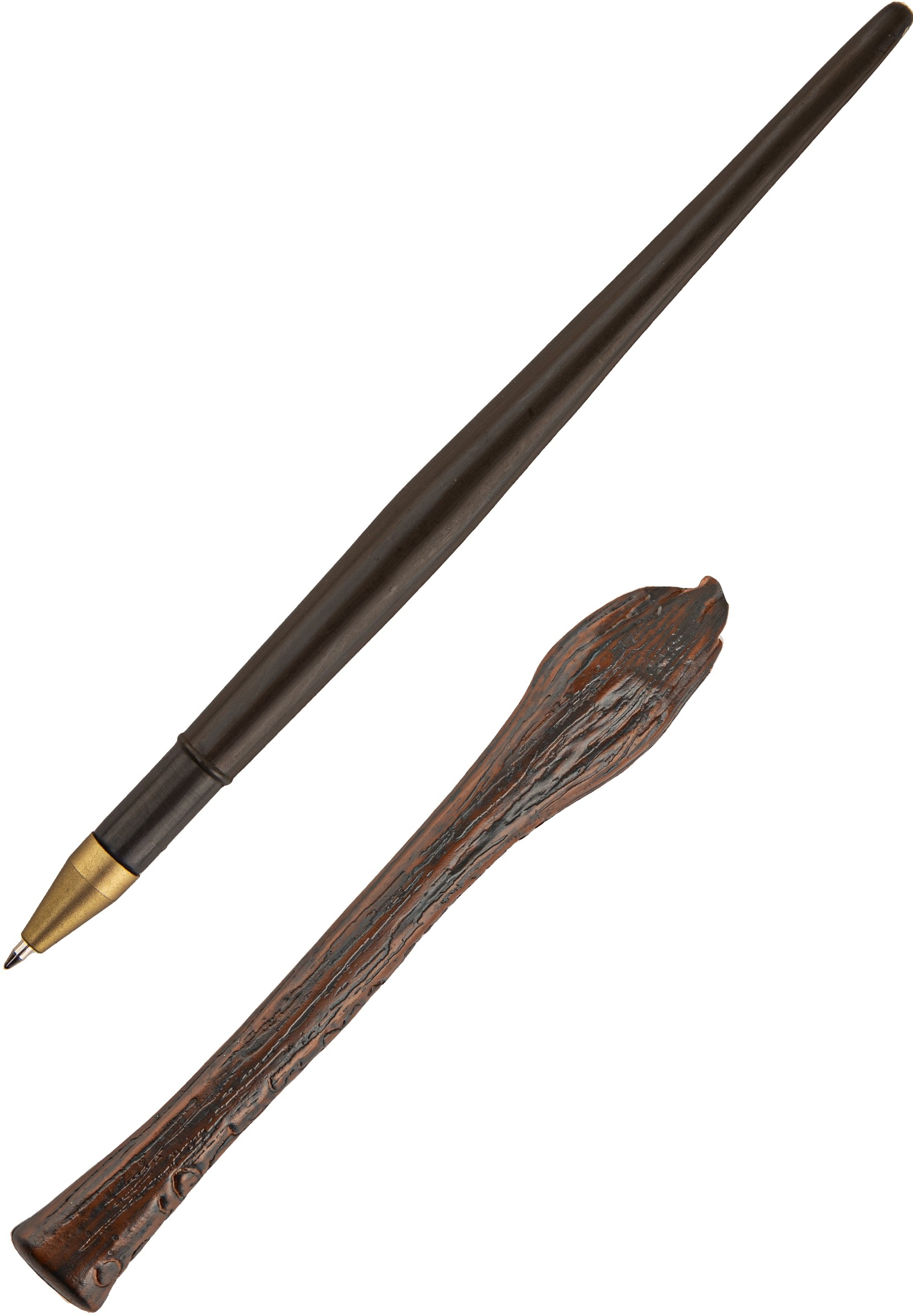Stylo en bois avec manche décoratif et pointe dorée.