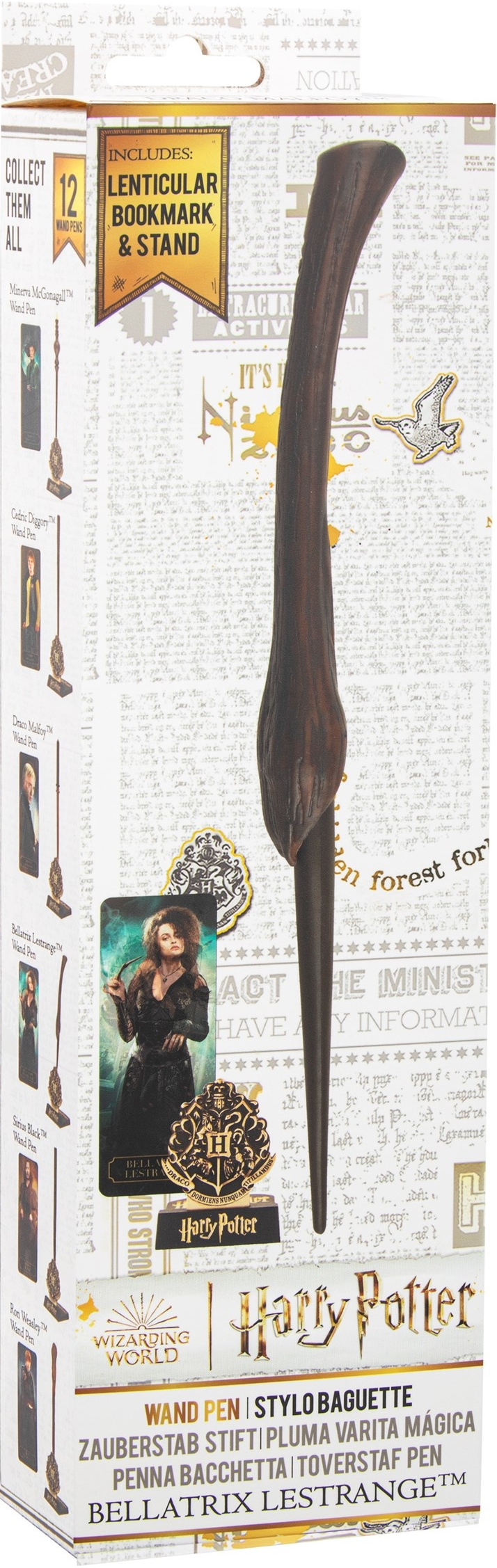 Stylo baguette Harry Potter dans une boîte avec diverses images de personnages.
