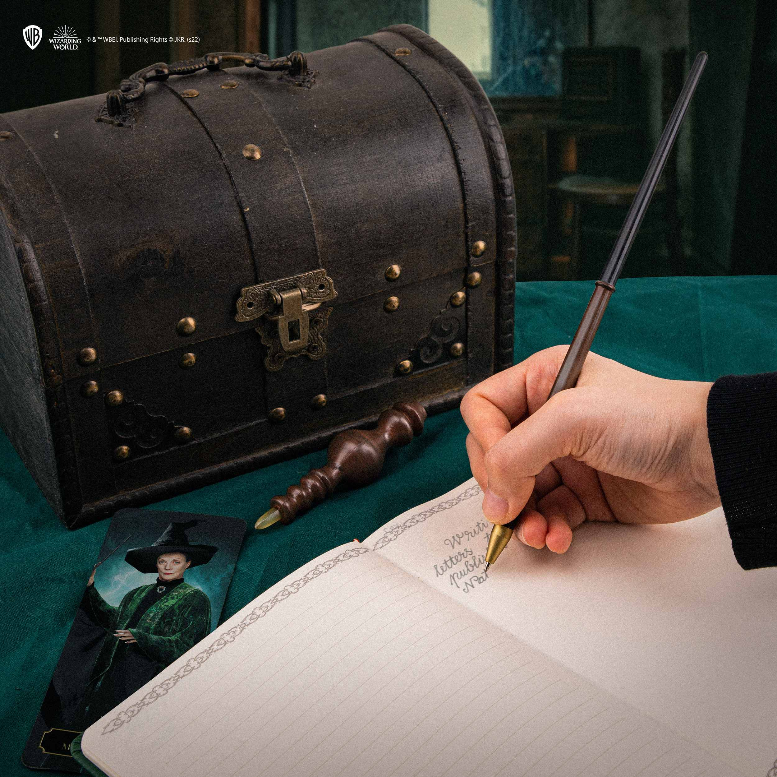 Eine Person schreibt mit einem Harry-Potter-Zauberstab in ein Notizbuch.