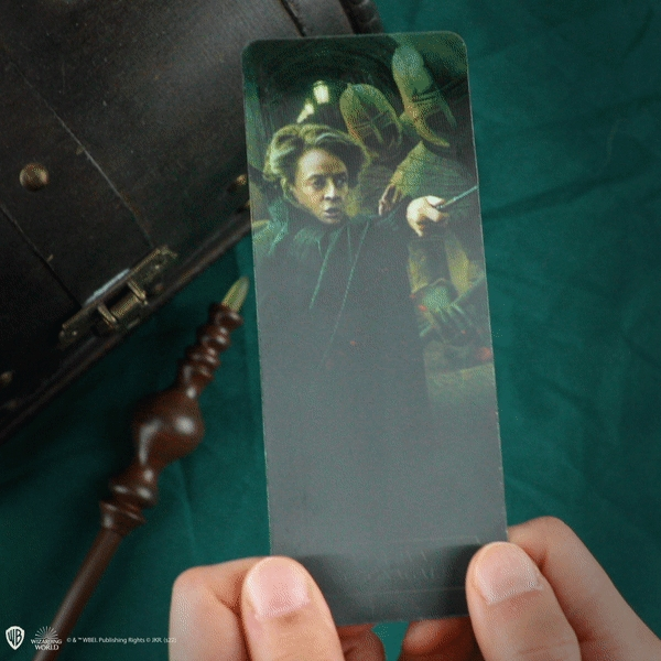 Eine Hand hält ein Lesezeichen mit einer Harry-Potter-Szene, Zauberstab und Truhe im Hintergrund.