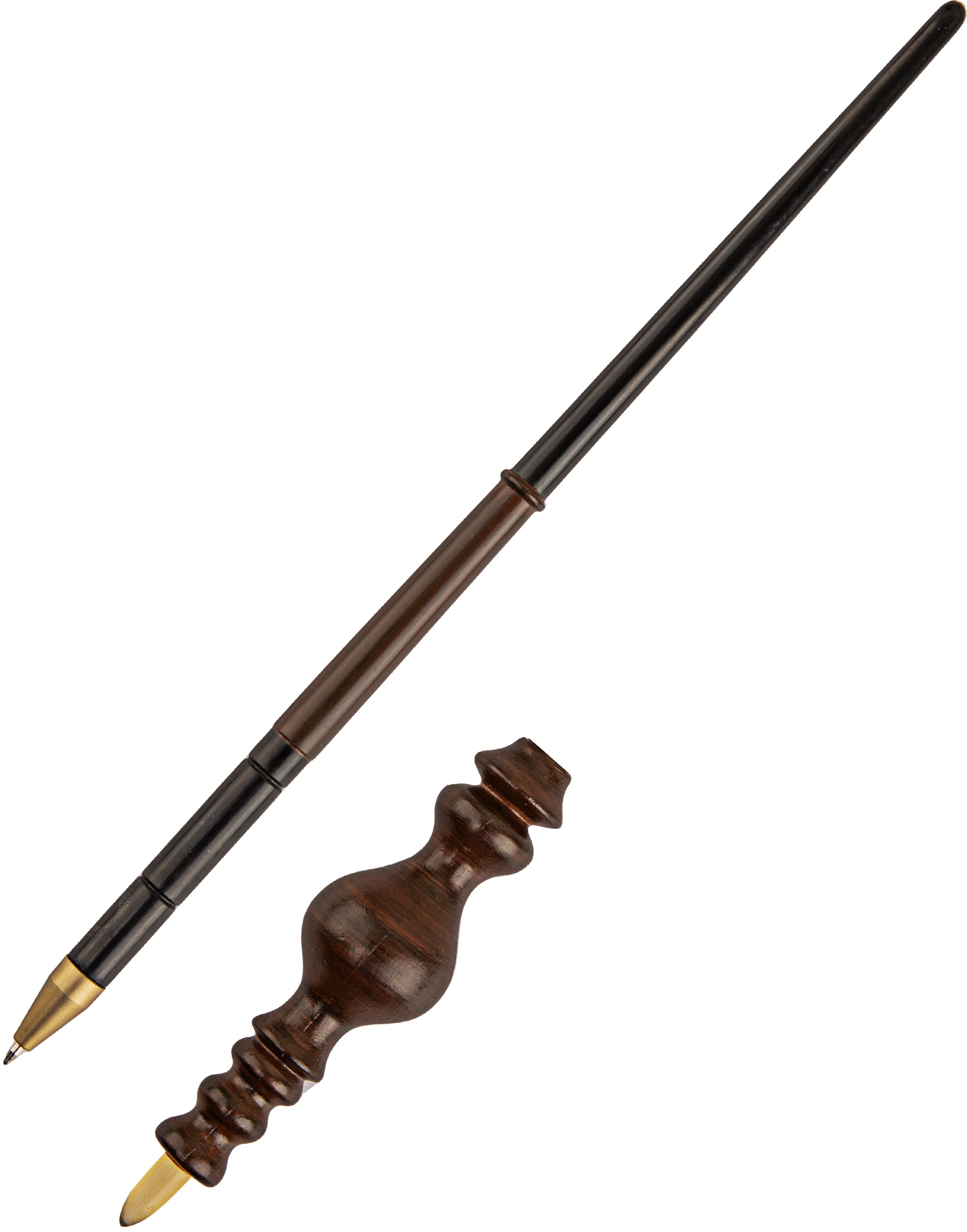 Harry Potter Zauberstabstift. Brauner Griff mit schwarzen und goldenen Akzenten. Goldene Stiftspitze.