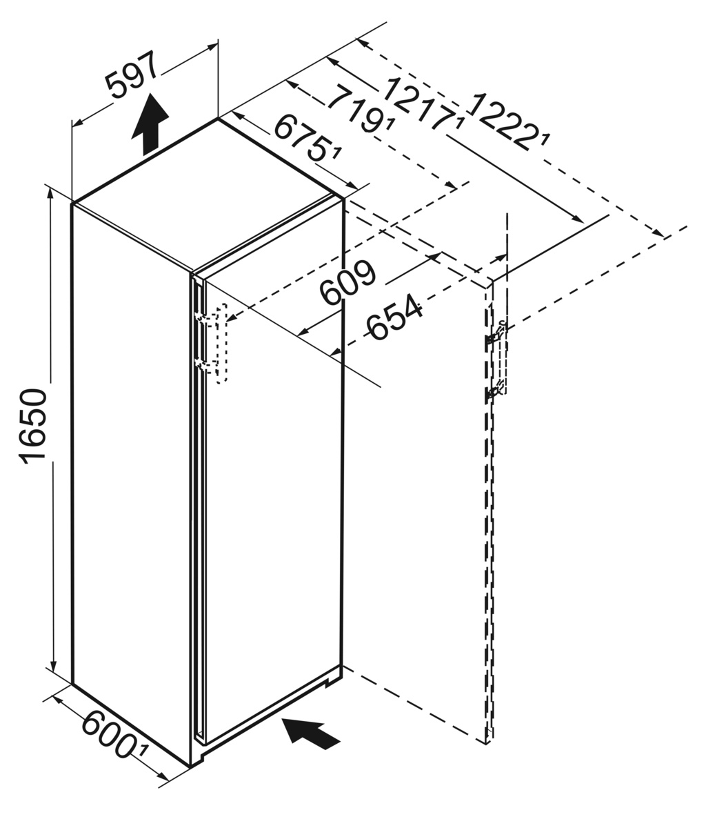 Diagramm mit den Maßen eines Kühlschranks.
