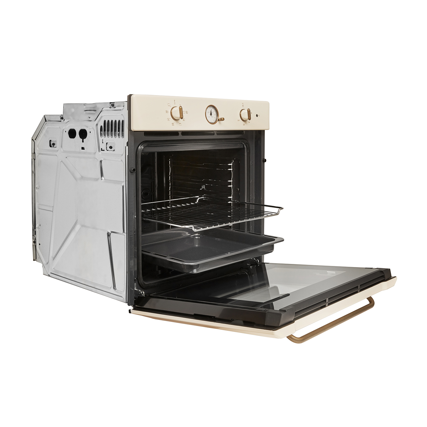 Un forno color crema con la porta aperta, che mostra l'interno.