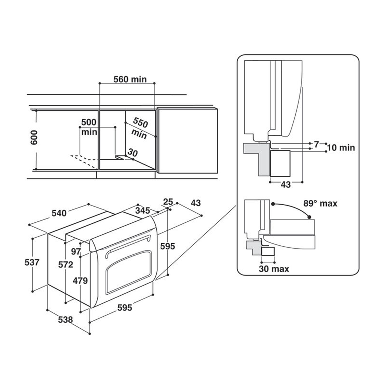 Diagramma delle dimensioni del forno. Mostra le misure per l'installazione e il forno stesso.