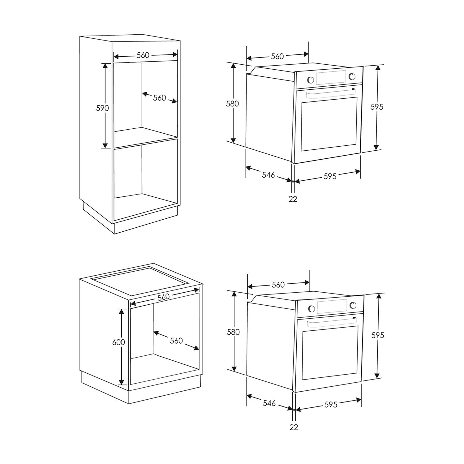 Disegni al tratto dell'installazione del forno, che mostrano le dimensioni. Include diagrammi del forno e dell'armadio.