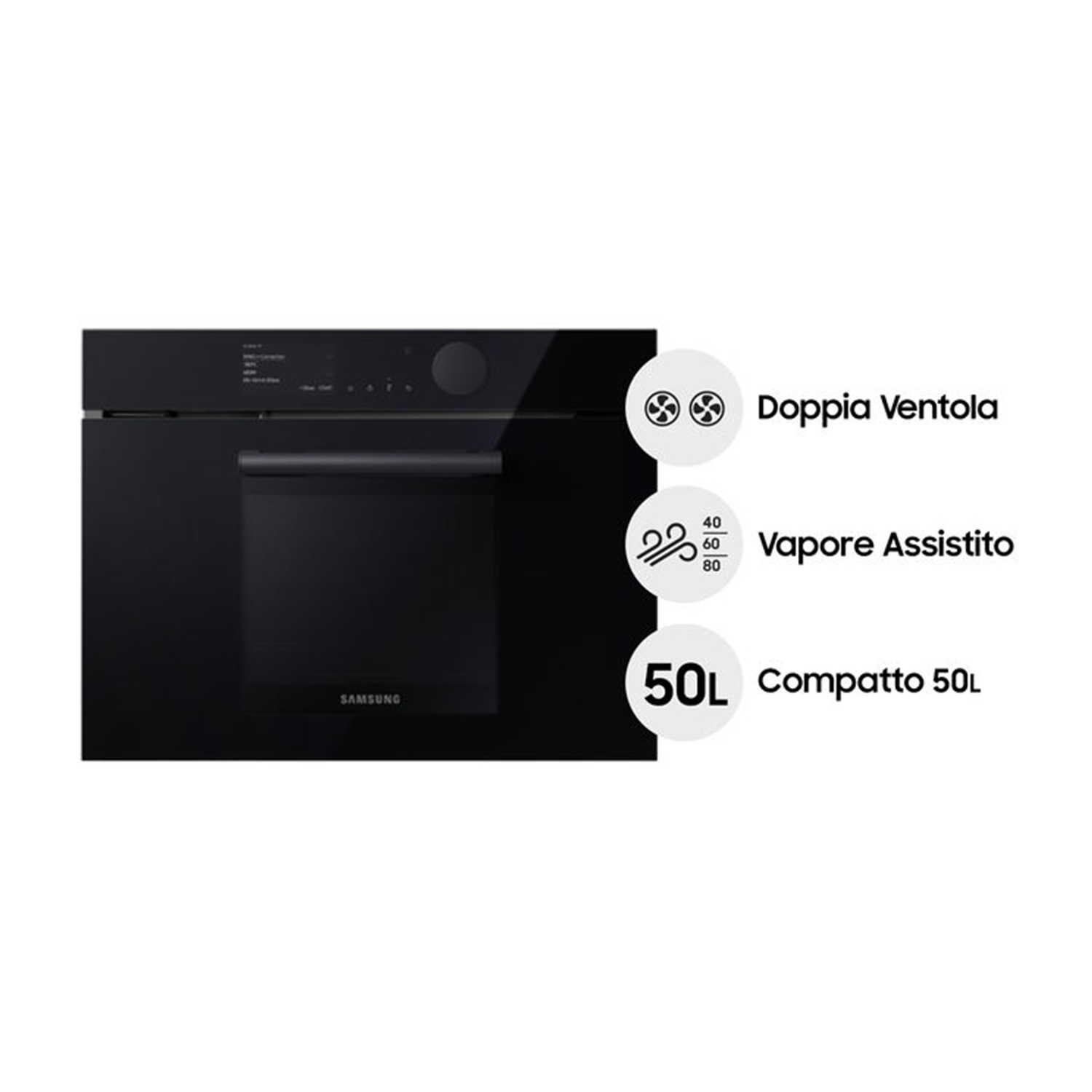 Forno nero con testo: 'Doppia Ventola', 'Vapore Assistito', '50L Compatto'.
