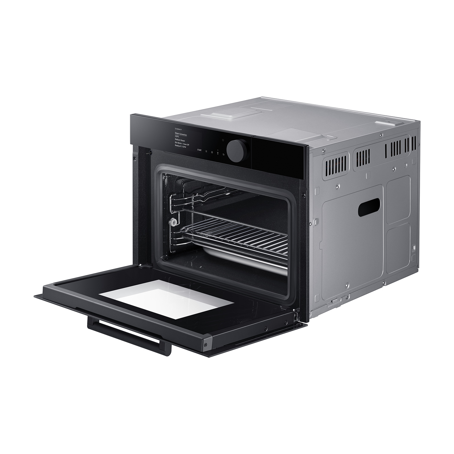 Un forno nero aperto con l'interno visibile. All'interno ci sono una griglia e un vassoio bianco, su uno sfondo bianco.