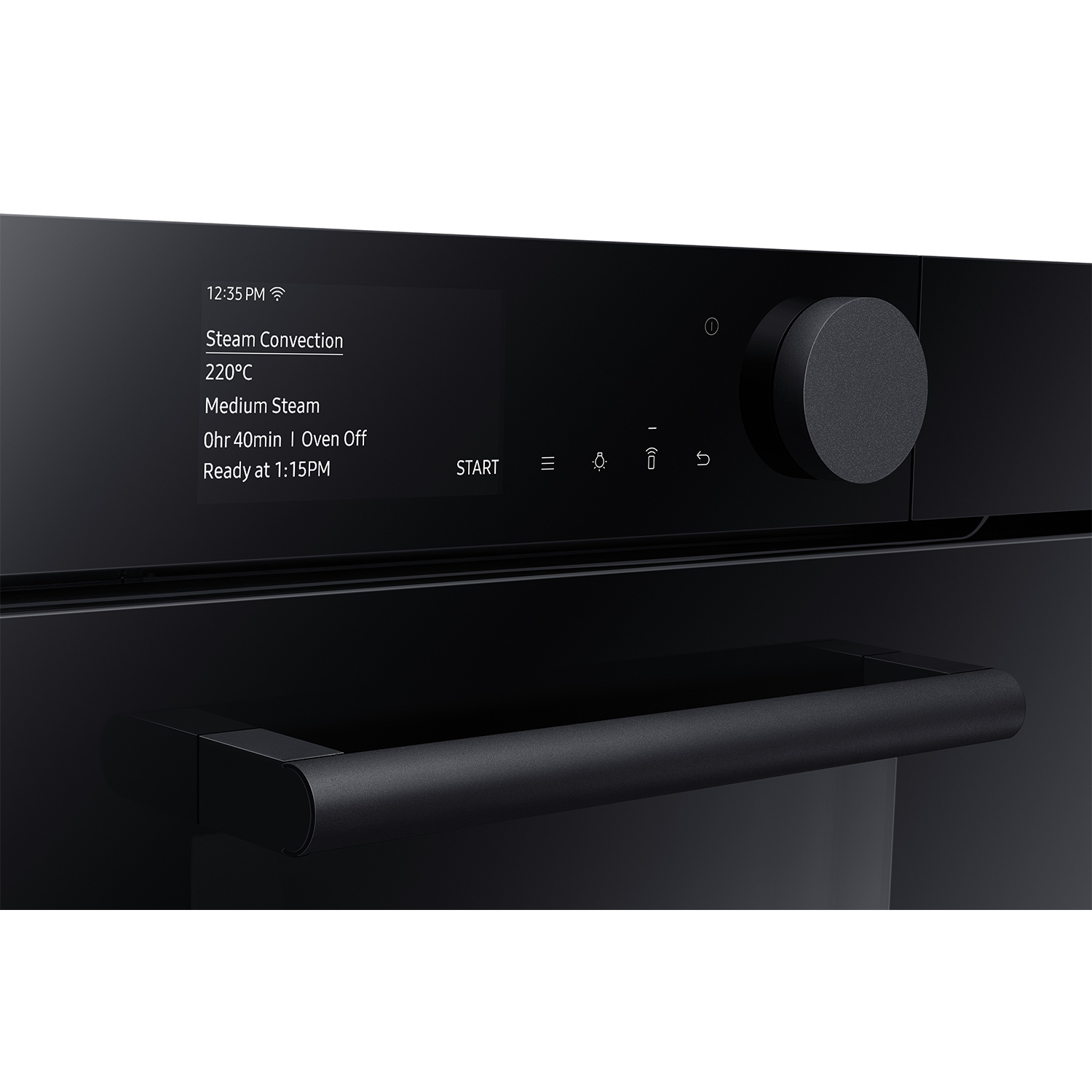 Pannello del forno nero con display digitale e maniglia.