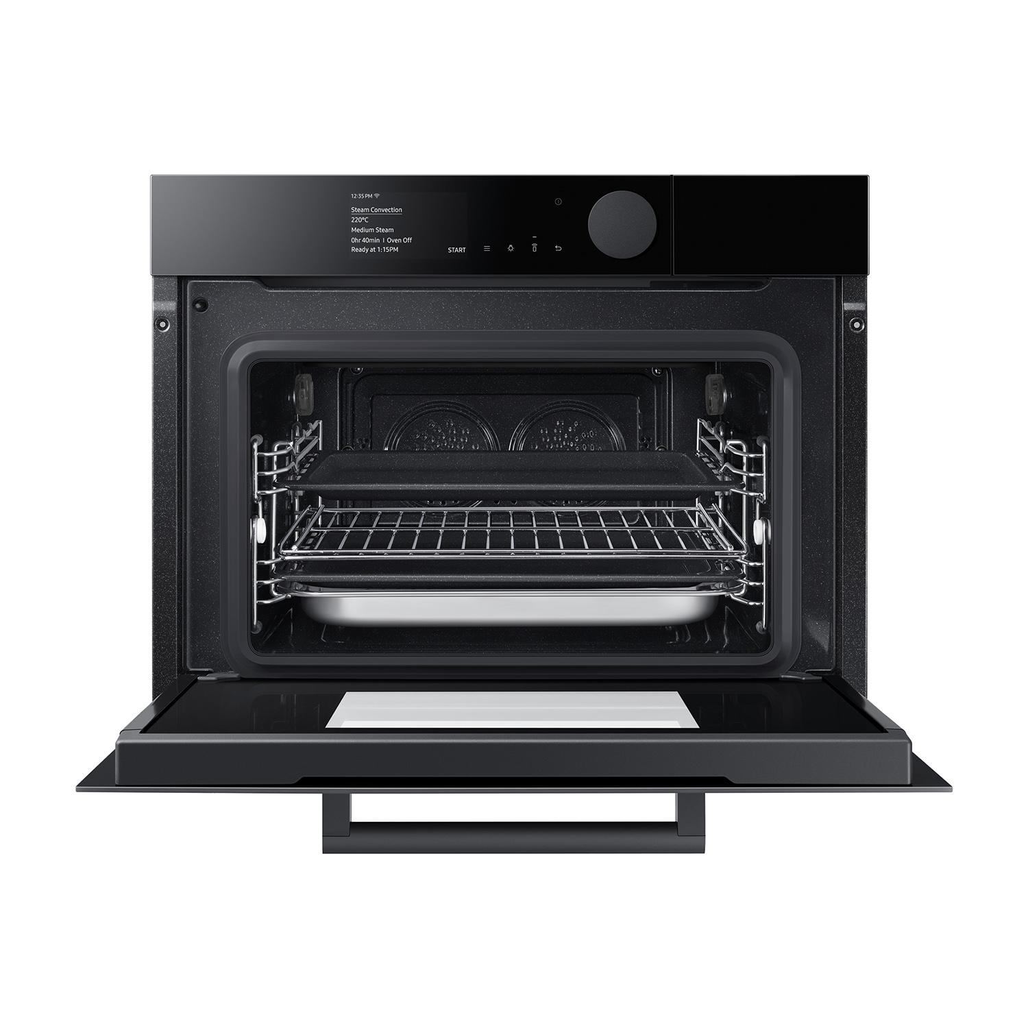 Forno aperto con vassoio e griglia all'interno, pannello nero con display in alto.