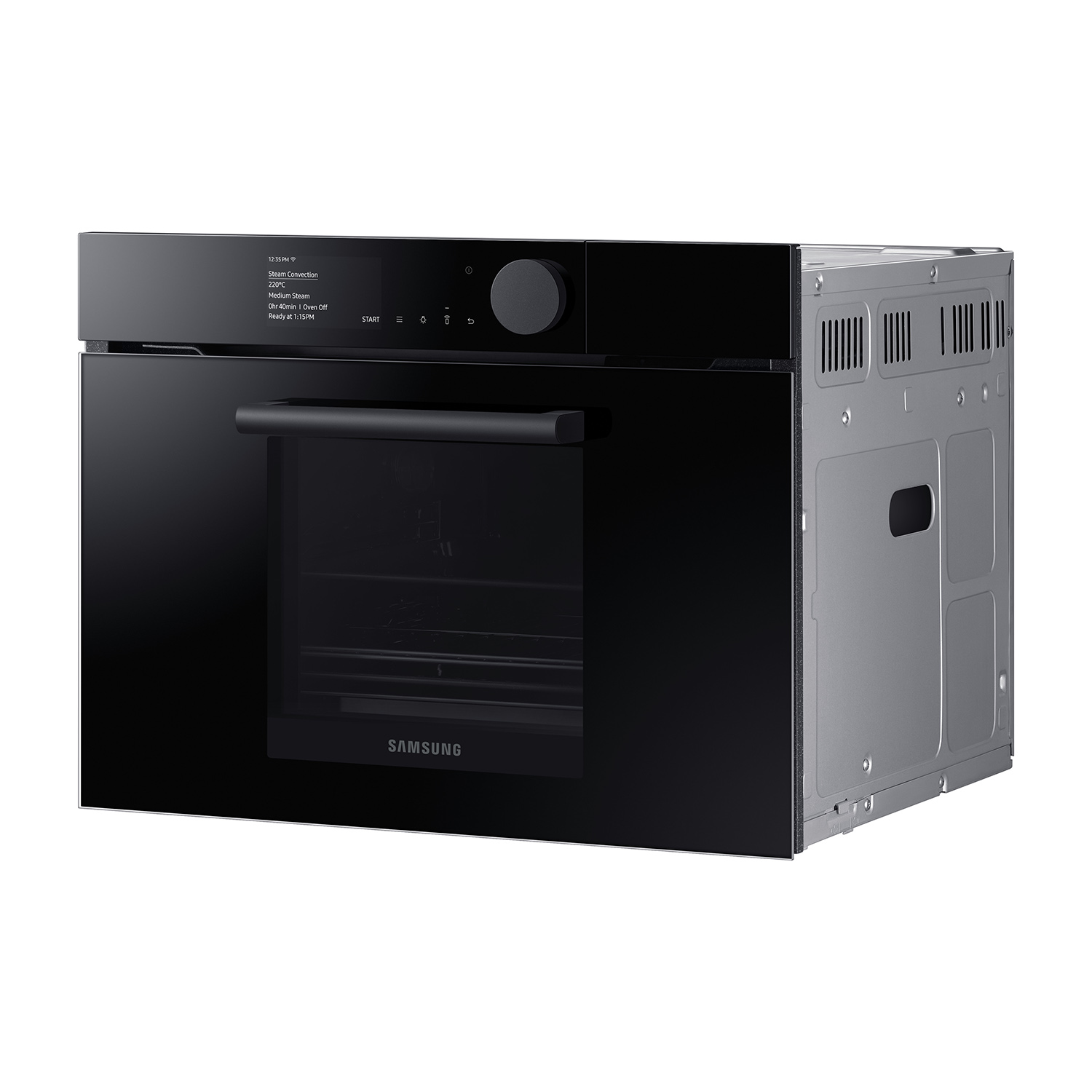 Forno Samsung nero con porta a vetro e pannello di controllo in alto a sinistra.