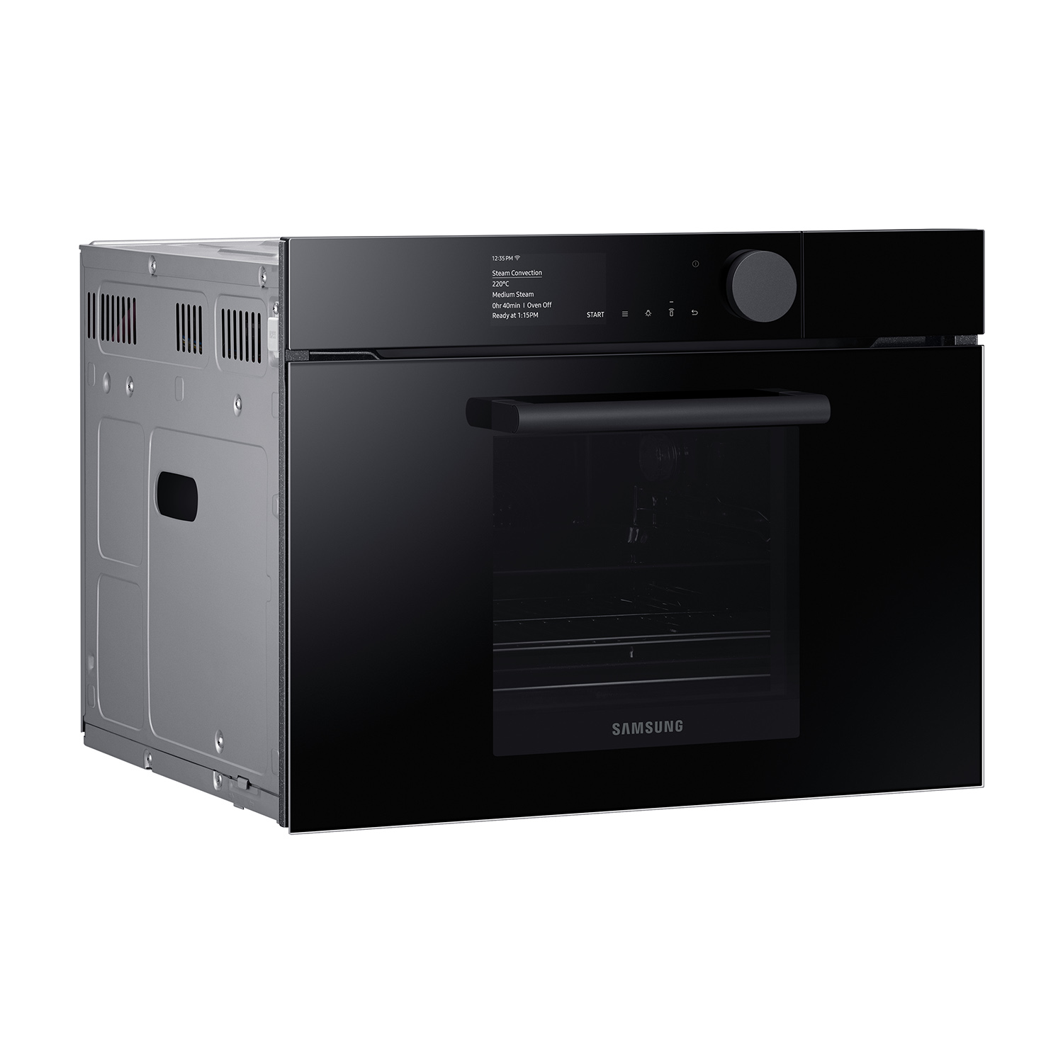 Un forno Samsung nero con schermo e porta chiusa.