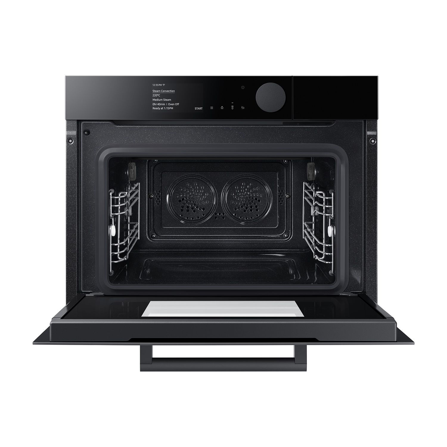 Forno nero aperto con due griglie all'interno, pannello di controllo in alto, elettrodomestico.