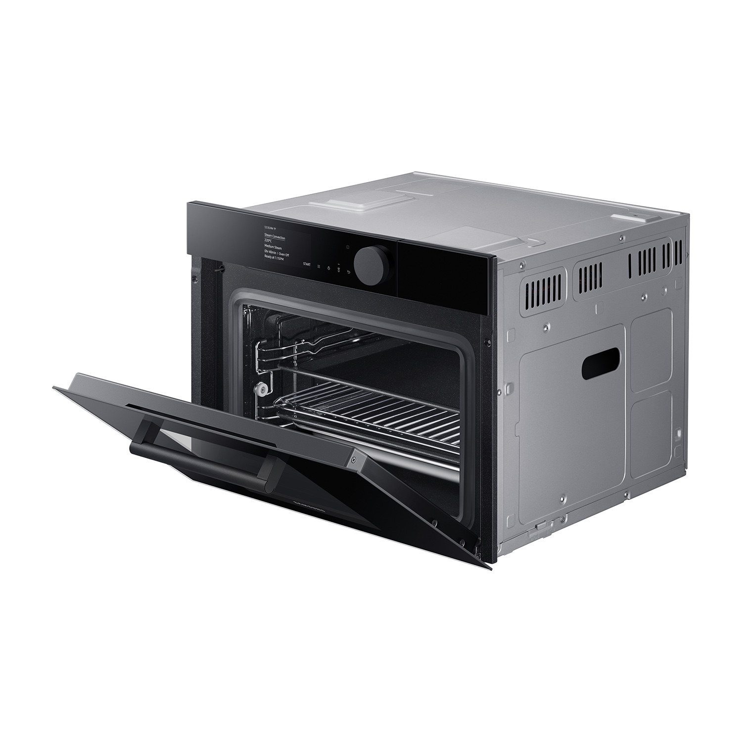 Forno in acciaio inossidabile, porta aperta. È dotato di un pannello di controllo con display digitale.
