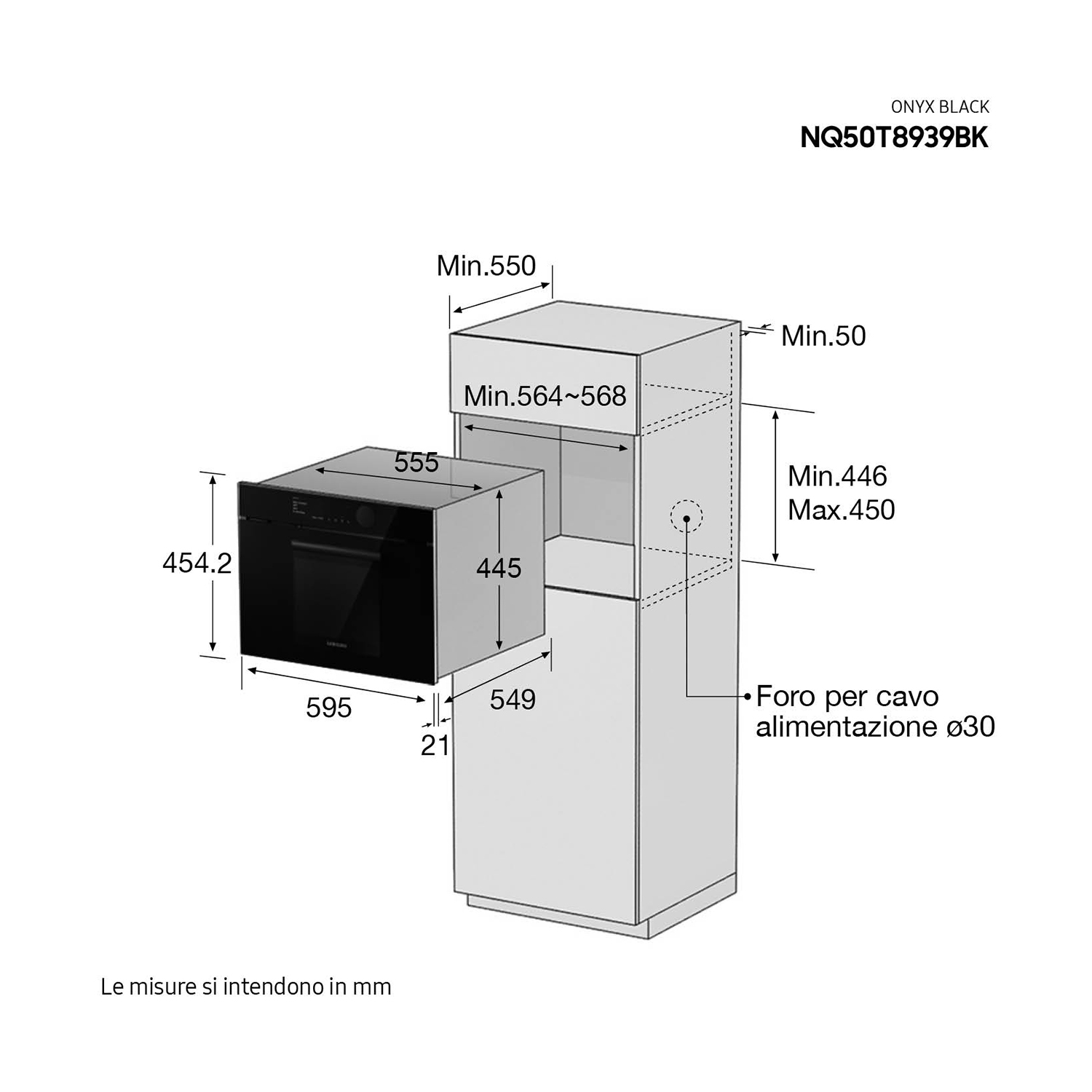 Diagramma di un forno con dimensioni in mm. Mostra le dimensioni e il posizionamento del forno.