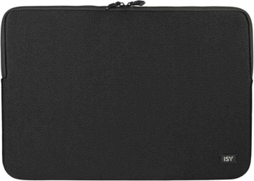 Eine schwarze Laptoptasche mit dem ISY-Logo unten rechts.