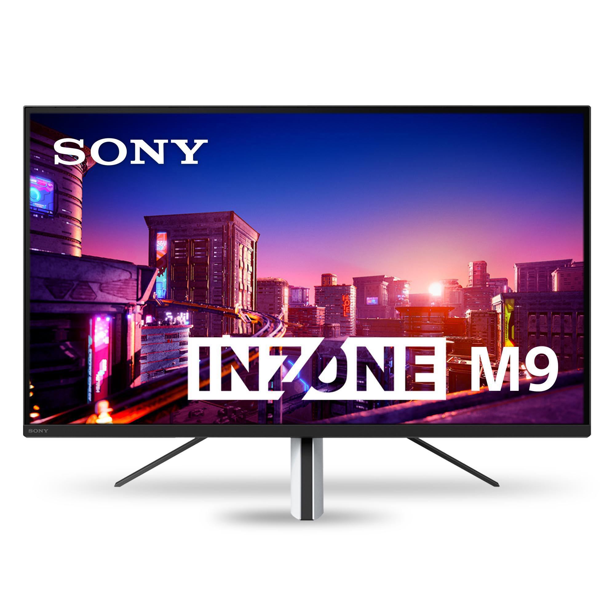 Sony INZONE M9 Monitor. Stadtlandschaft im Hintergrund. Weißer Text INZONE M9 und Sony Logo.