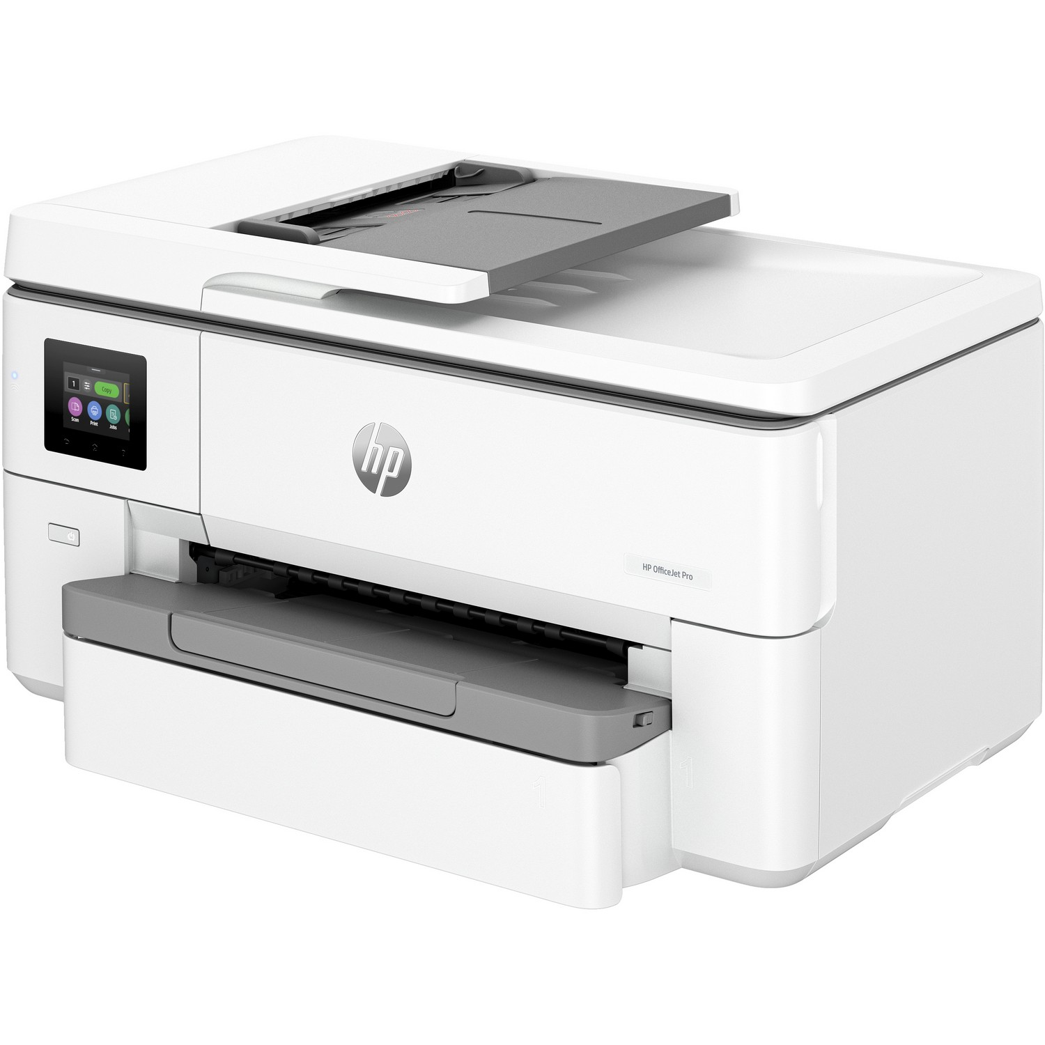 White printer with a touch screen, paper tray and a document feeder.
