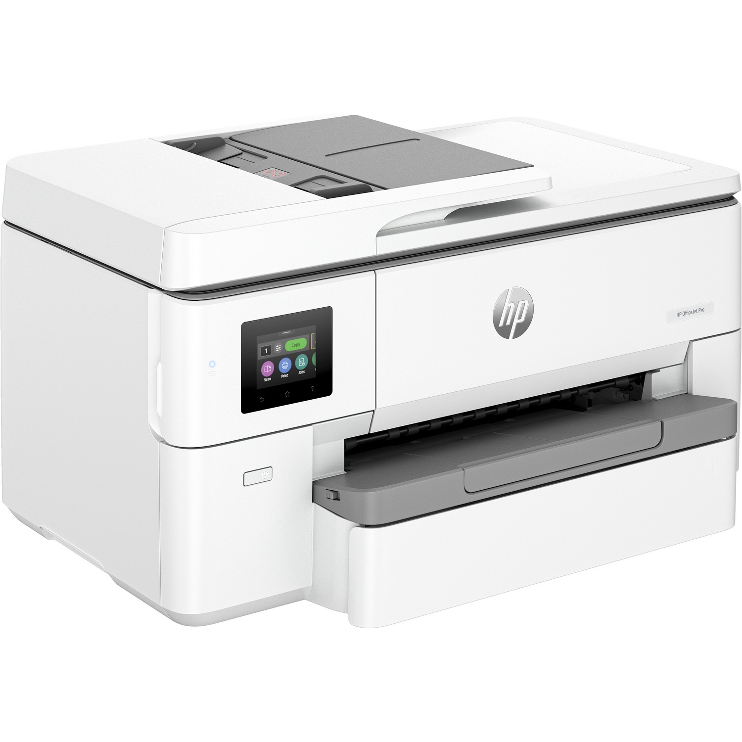 White printer with a touch screen, paper tray and a document feeder.