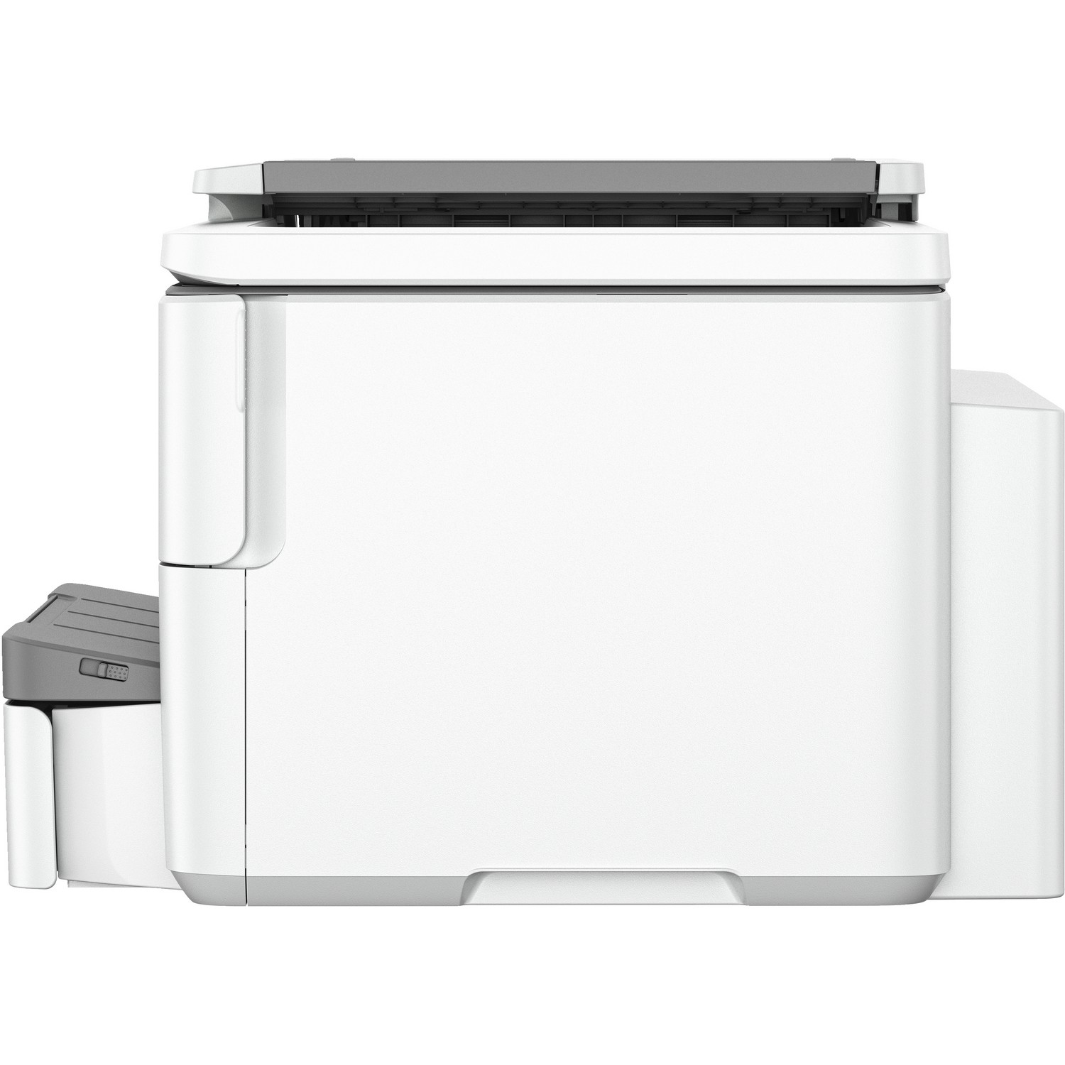 White printer, side view, with paper tray and buttons.