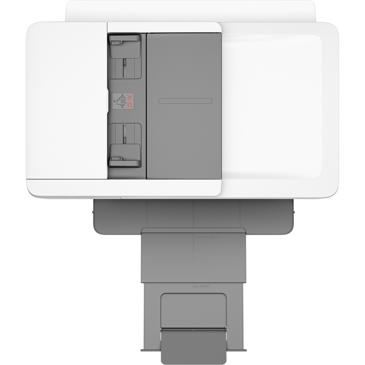A printer viewed from above, white and gray.