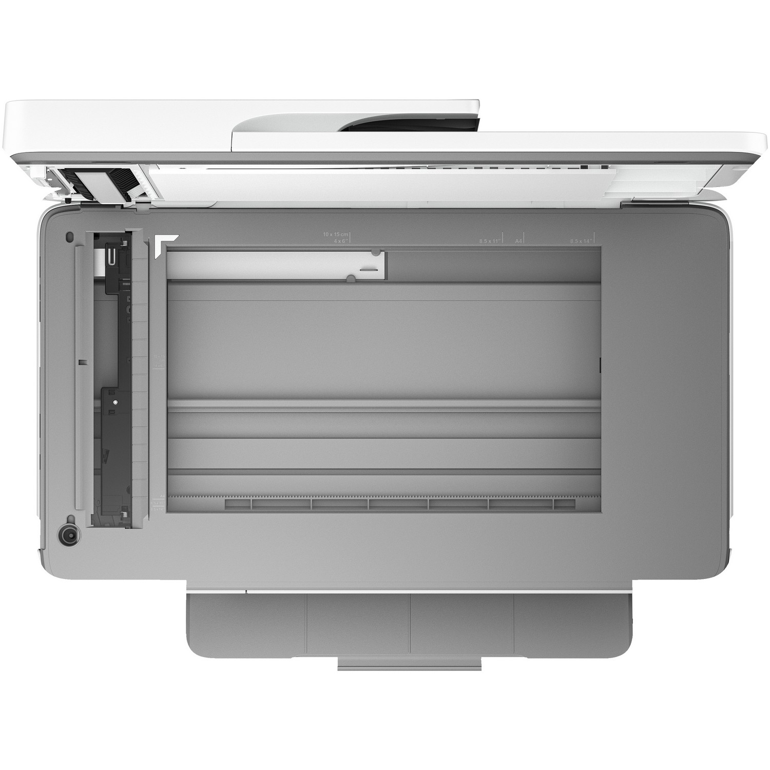 Top view of a white printer with open document feeder and a paper tray.