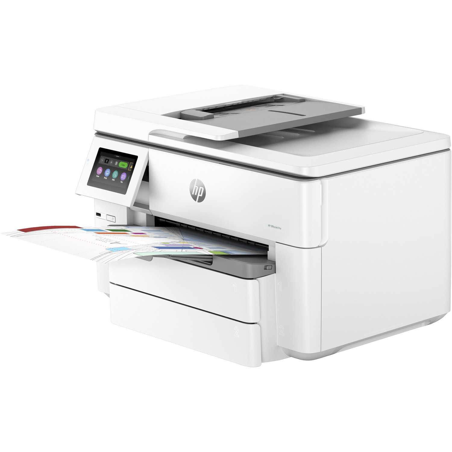 A white HP printer printing a document.