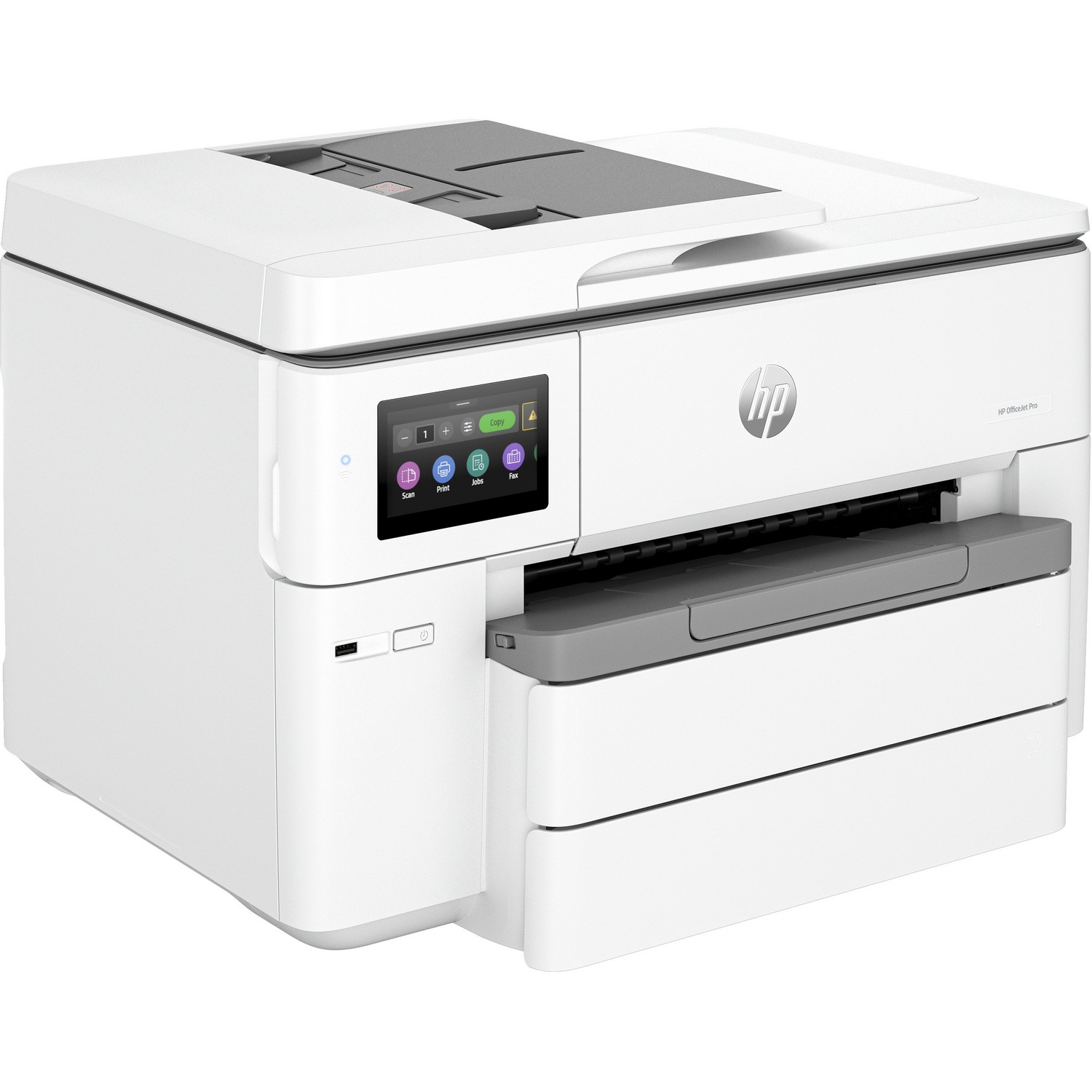 White printer with a control panel and paper tray.