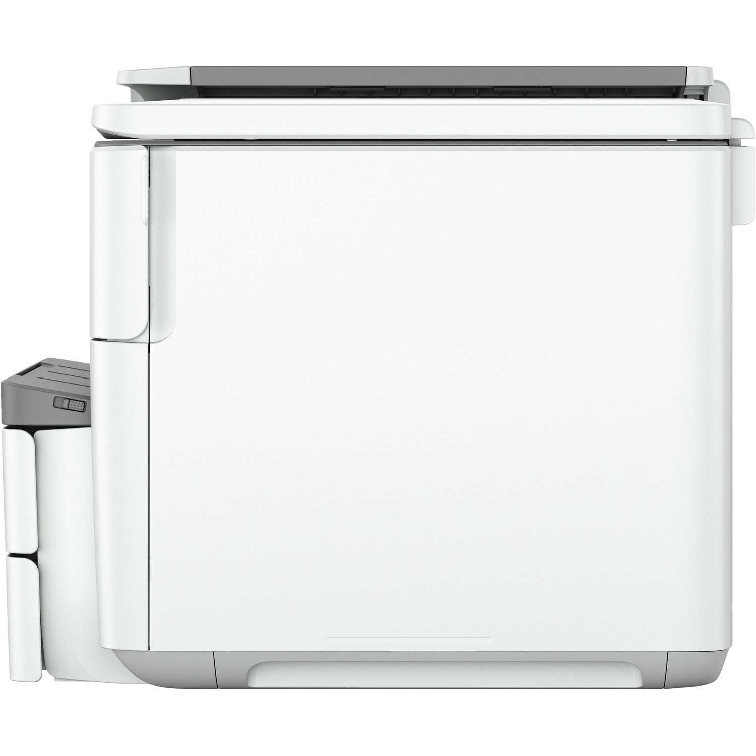Side view of a white and gray printer or copier.