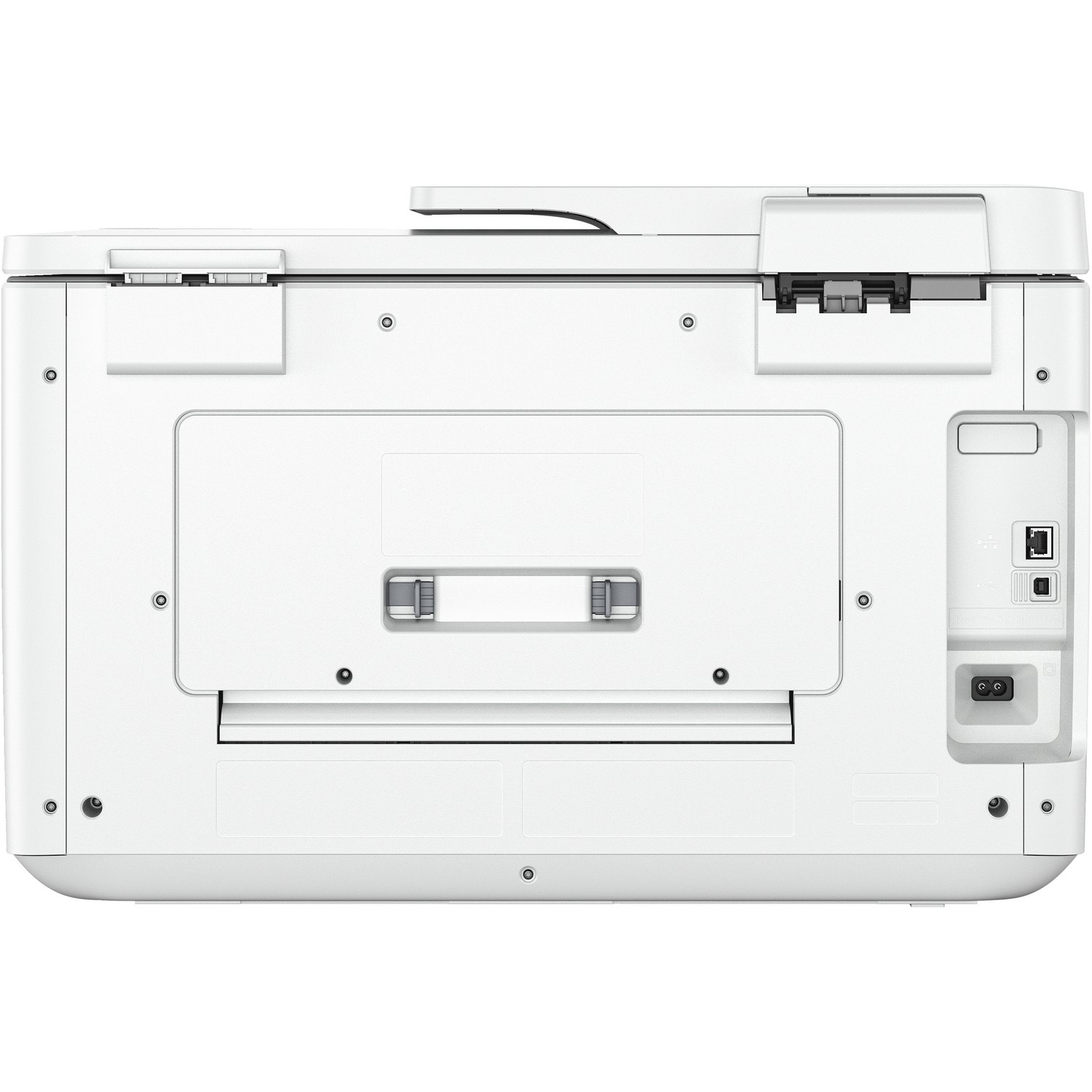 White printer, back view, showing ports and access panel.