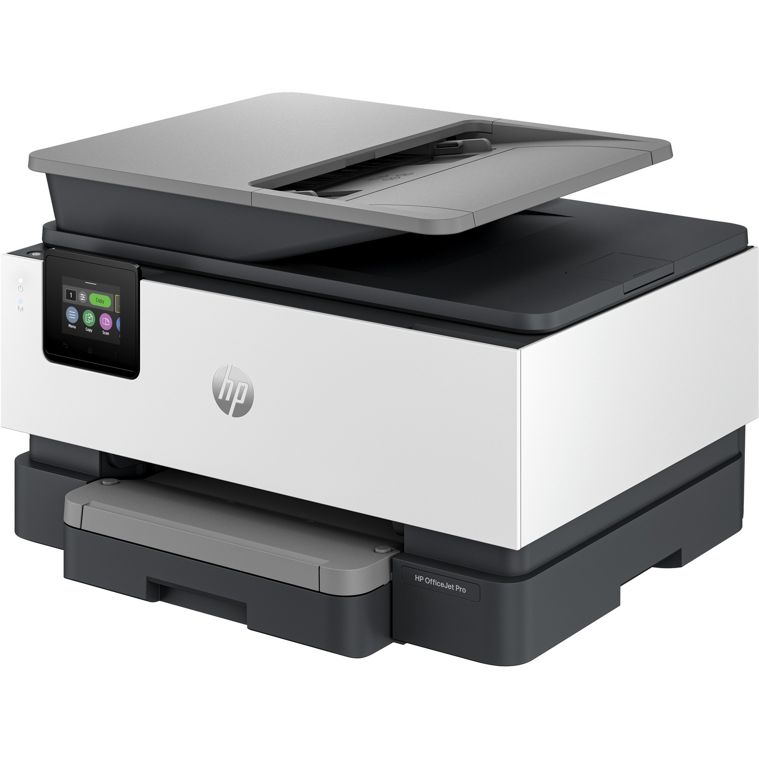 Imprimante HP OfficeJet Pro blanche et grise. Le couvercle du scanner est ouvert. Un écran est sur le côté gauche.