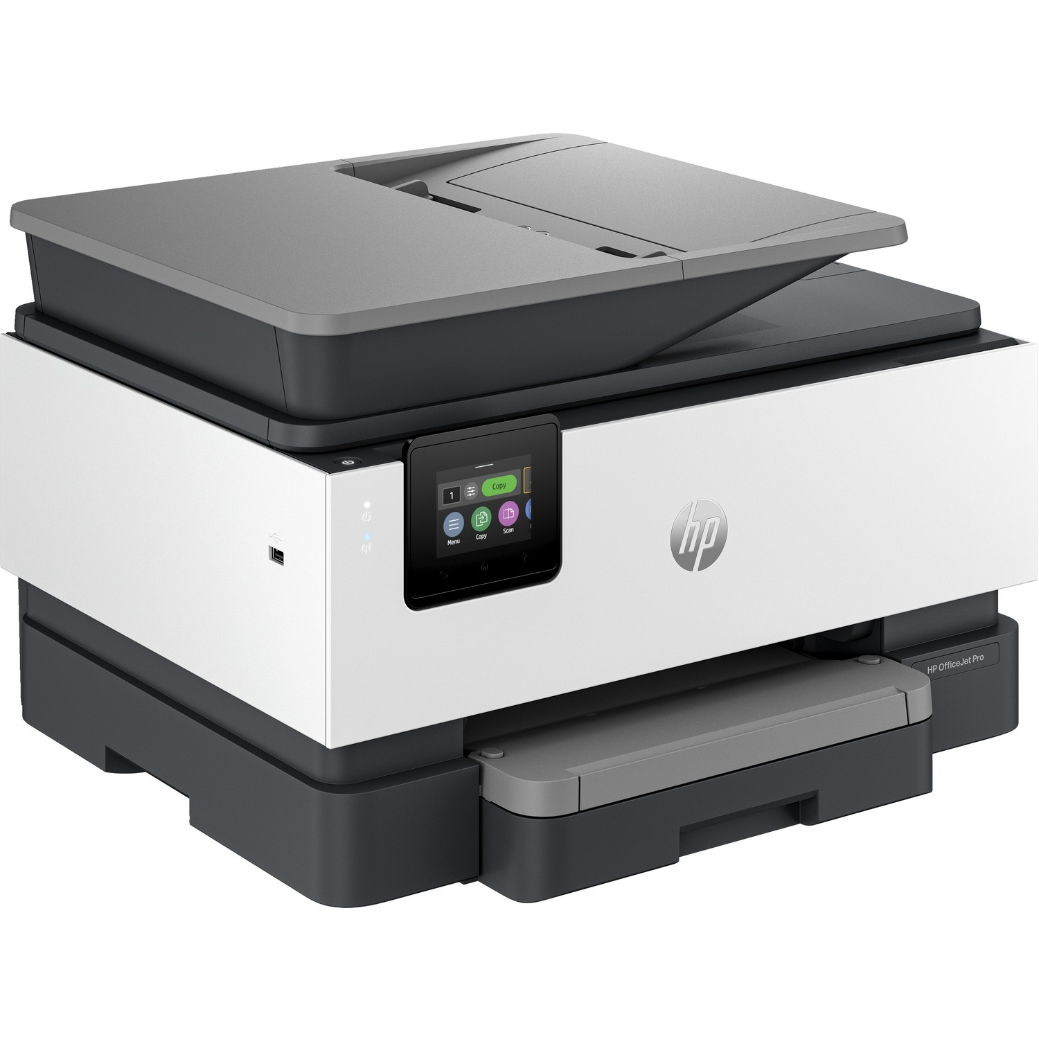 Imprimante HP OfficeJet Pro blanche et grise avec écran tactile et bac à papier.