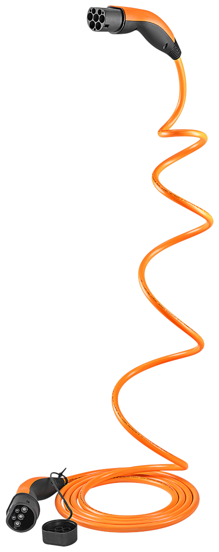 Ein orangefarbenes Ladekabel für ein Elektroauto, auf weißem Hintergrund.