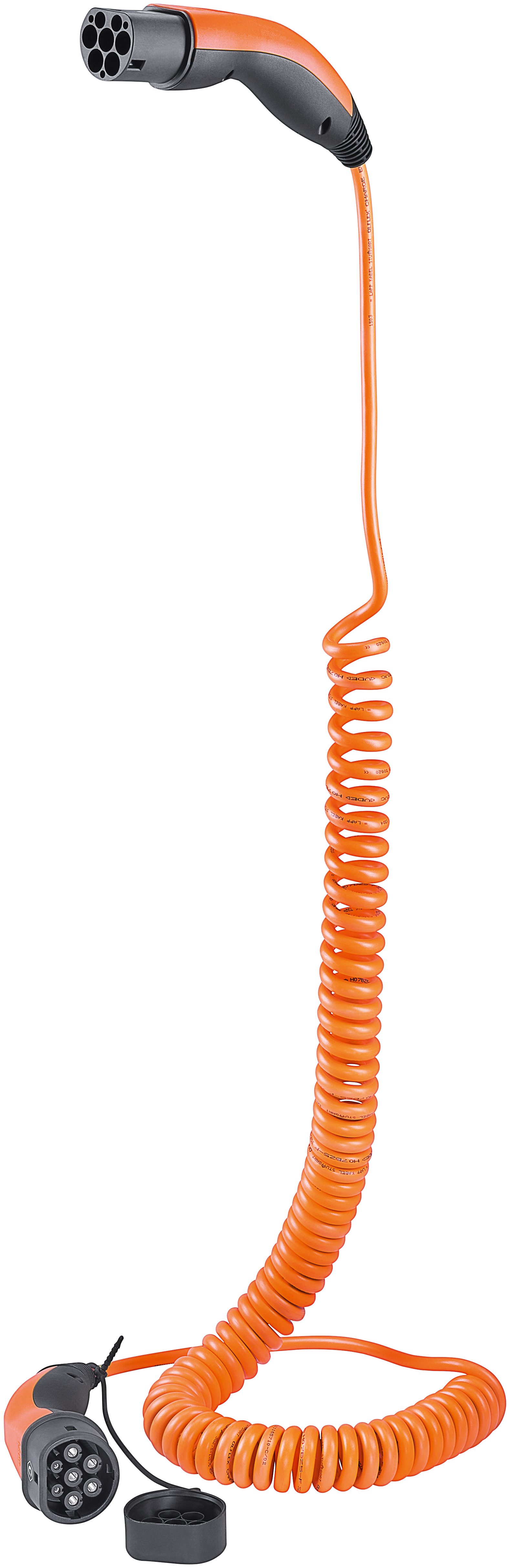 Ein orangefarbenes Ladekabel für ein Elektrofahrzeug. Es hat einen Ladekopf und einen Stecker.