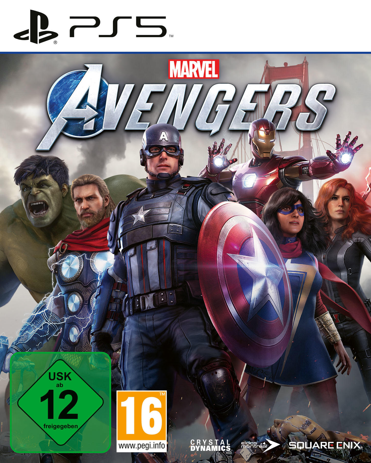 PS5-Spielcover: 'Marvel's Avengers'. Helden in Aktion mit Stadt-Hintergrund und USK-Rating.