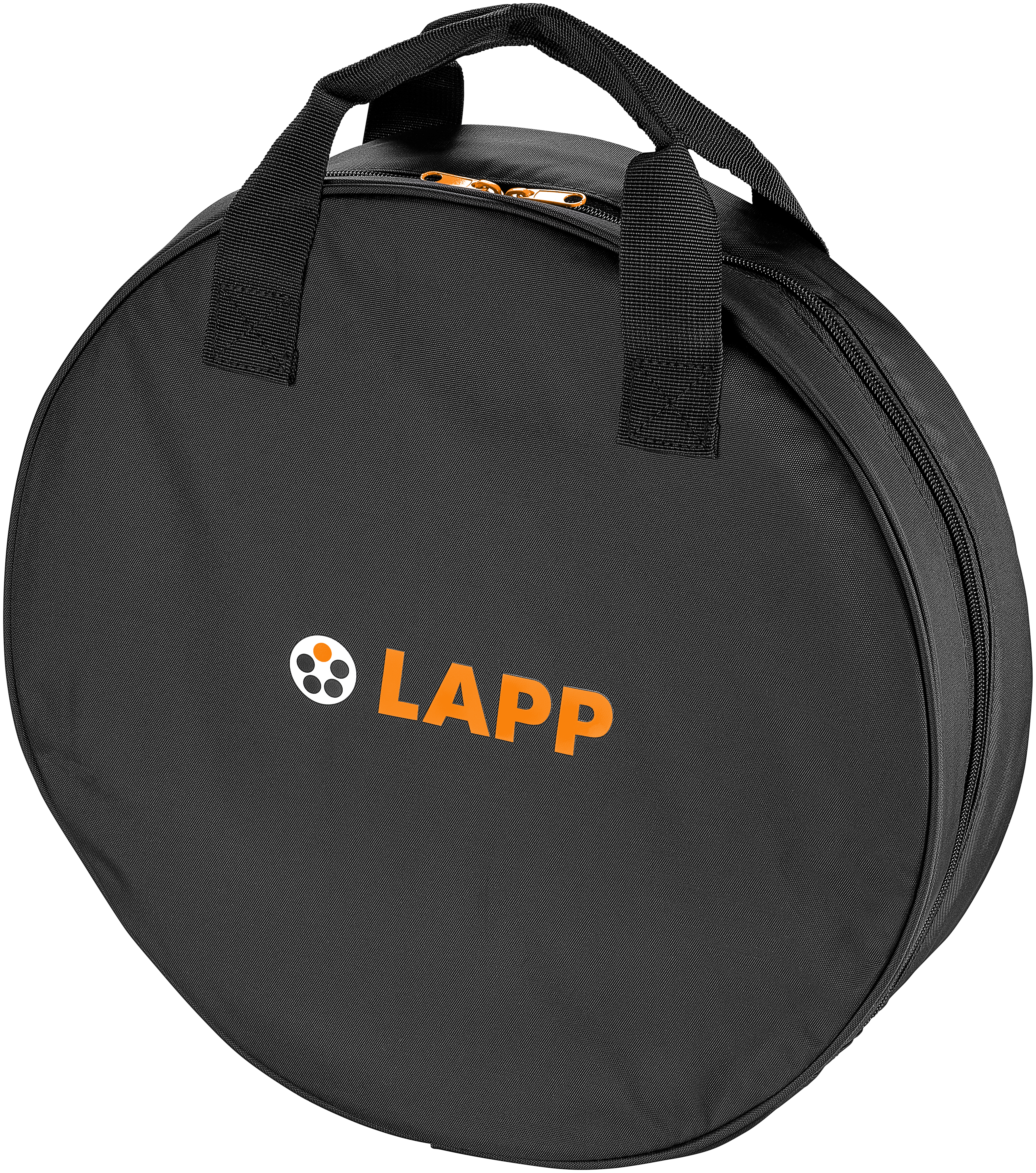 Eine schwarze runde Tasche mit Reißverschluss und dem orangefarbenen Lapp-Logo.