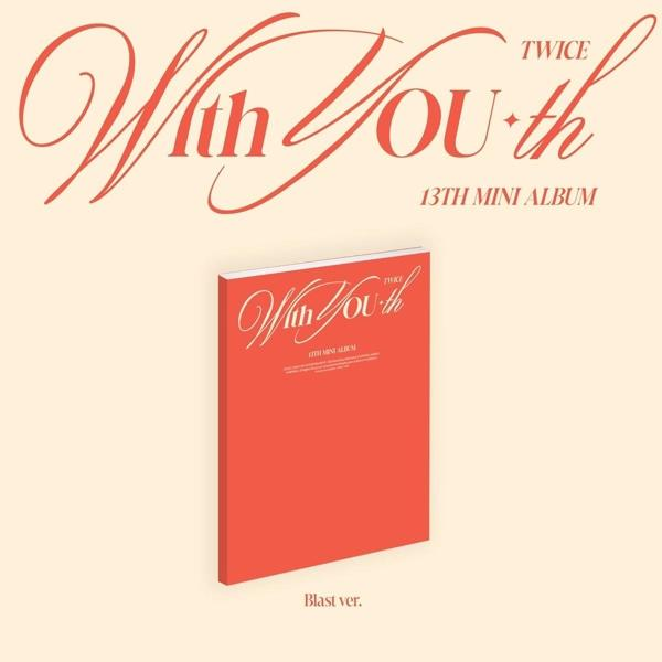 Albumhoes met rood album en tekst in cursief. Titel: With You-th by Twice.