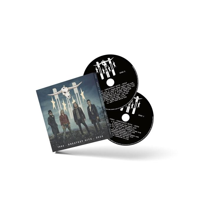 Albumcover mit zwei CDs. Bild einer Band mit Logo und Text '1984 Greatest Hits 2024'.