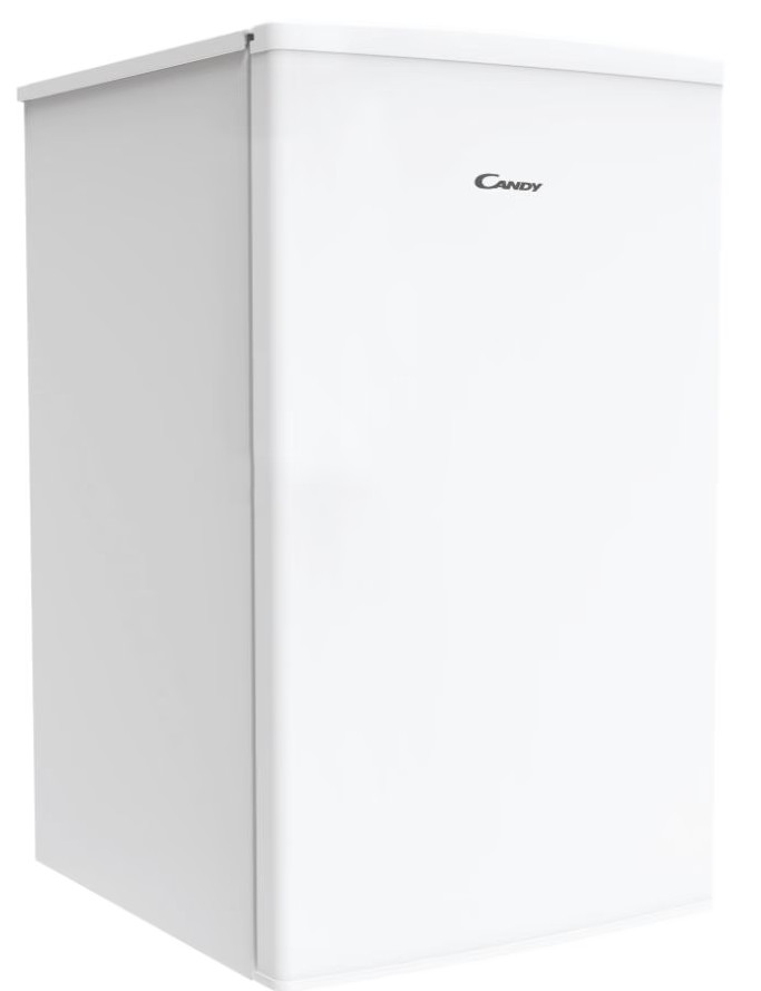 Biała lodówka Candy. Jest widoczna z lekkiego kąta, na białym tle.
