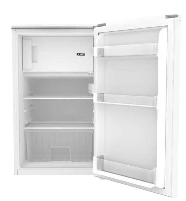 Otwarta biała lodówka. Wewnątrz widoczne są półki i przegrody, puste.