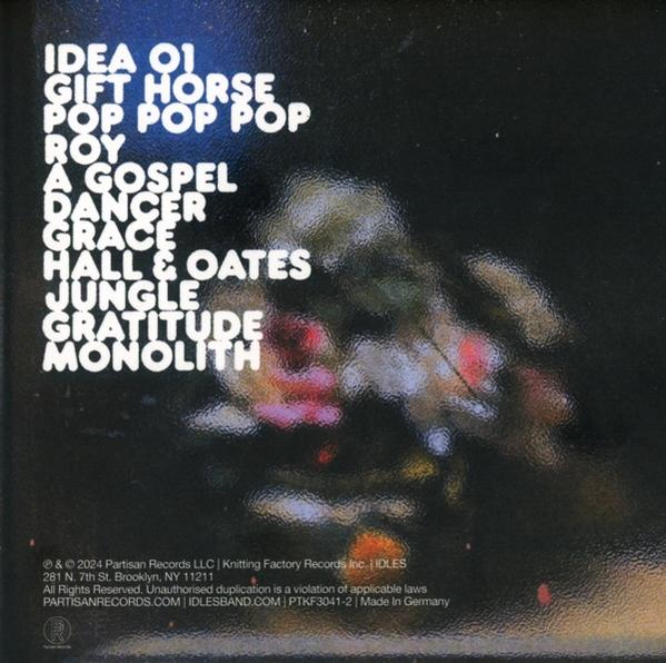 Albumcover mit Titelliste: Idea 01, Gift Horse, Pop Pop Pop, Roy, A Gospel, Dancer, Grace, Hall & Oates...