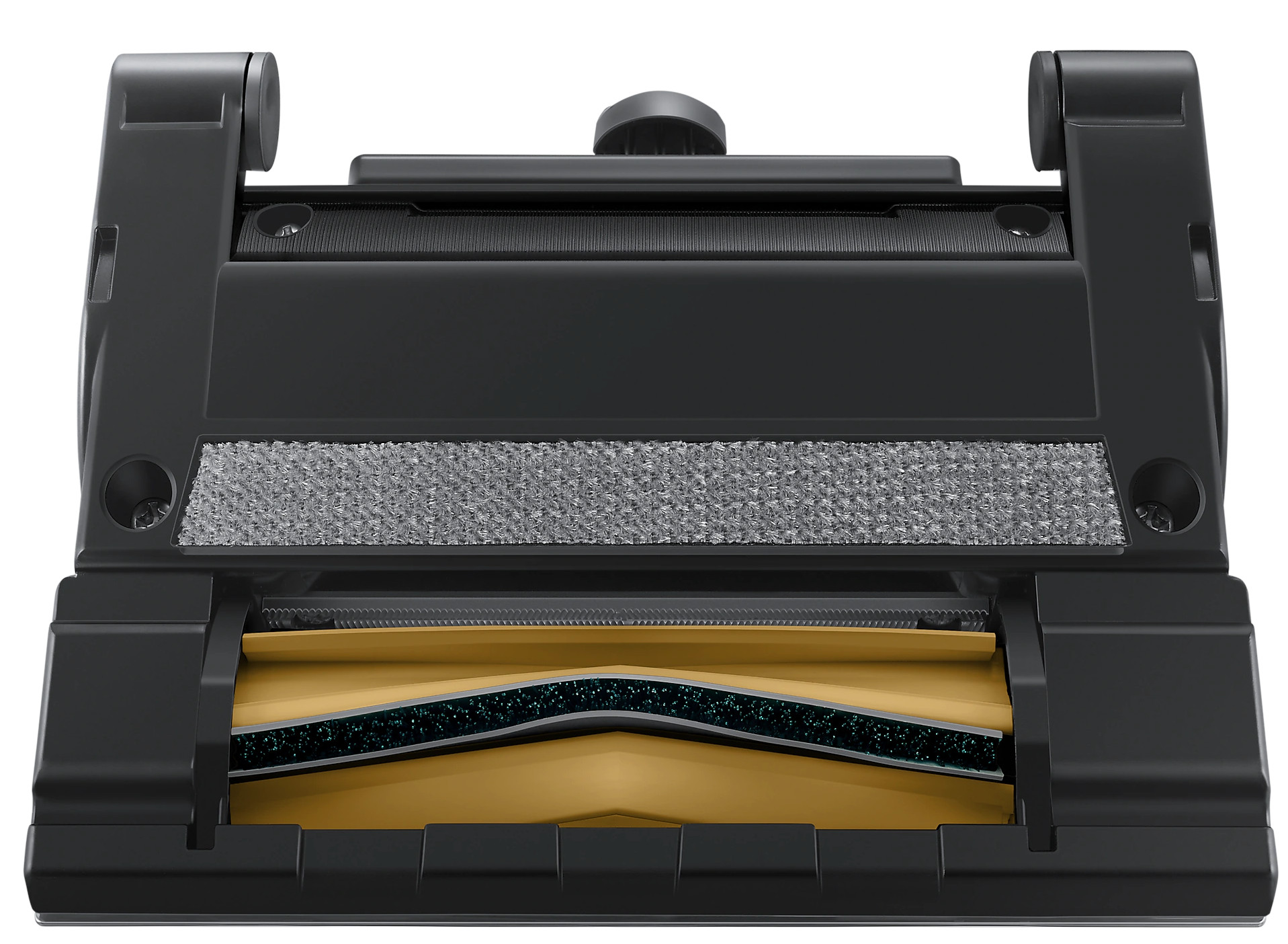 Głowica odkurzacza, czarny plastik z żółtą szczotką i filtrem.