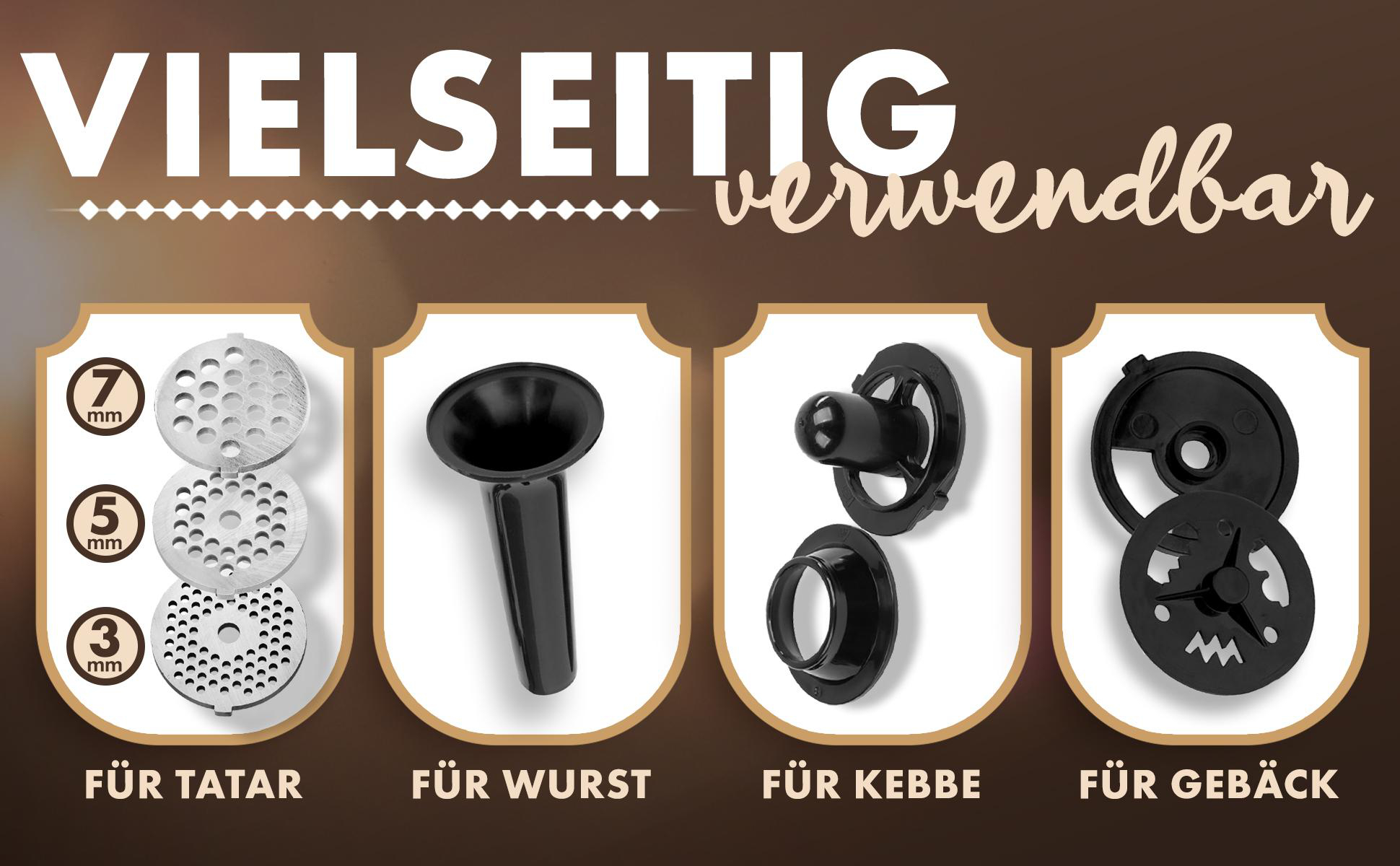 Verschiedene Teile für einen Fleischwolf, mit Textbeschriftungen.