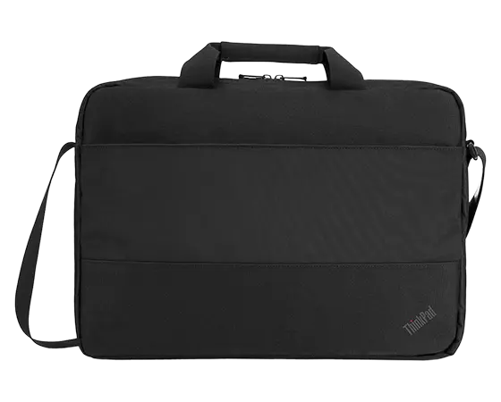 Schwarze Laptoptasche mit Schulterriemen und ThinkPad Logo.
