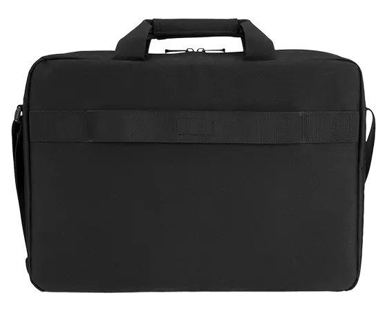 Eine schwarze Laptoptasche mit Griff und Schultergurt.